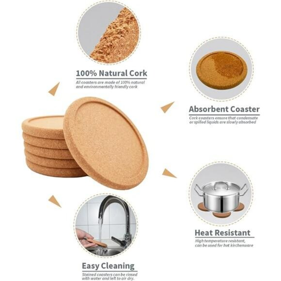 Absorbent Cork Coasters for Drinks 6 Piece Extra Thick Heat Resistant Cup Set - Picture 5 of 8